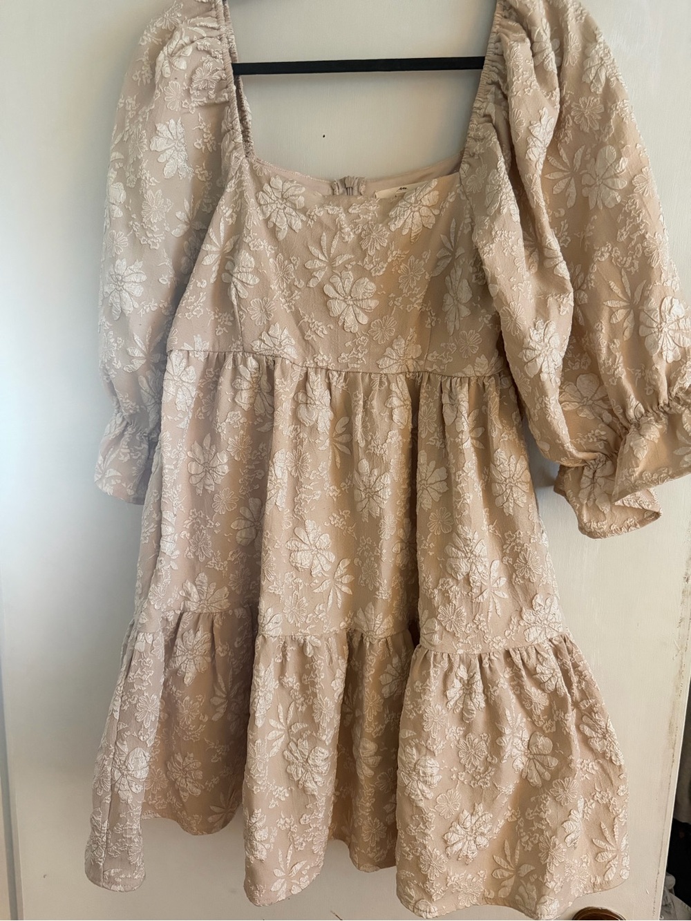 entro Embroidered Square-Neck Tiered Mini Dress in Tan - Picture 2 of 3